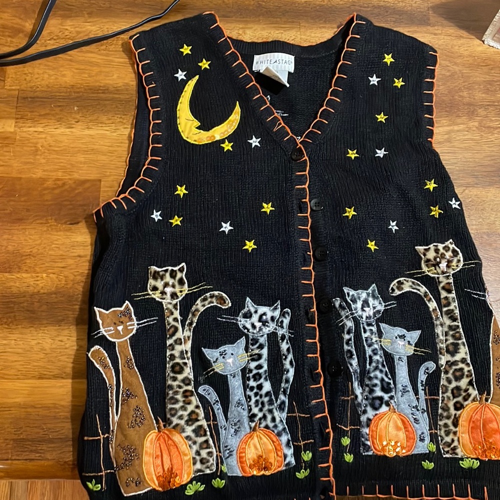 Vintage White Stag Womens Ugly Halloween Vest.  Pumpkins, and Cats